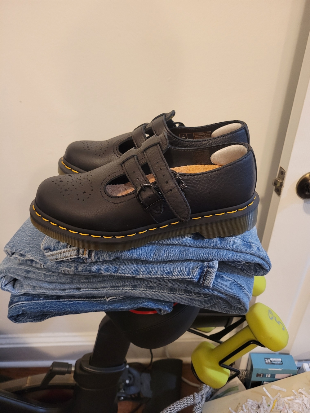 Doc Martens Black Mary Jane Shoes with Yellow Stitching - Picture 4 of 7